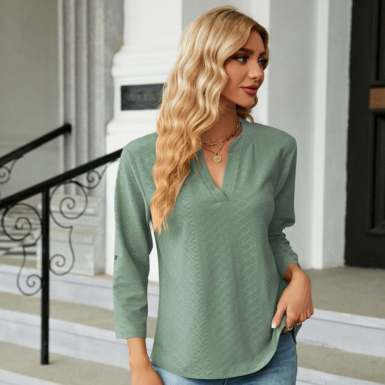 Solid Color Jacquard V-neck Button Three-quarter Sleeve Loose T-shirt Top, Size: M