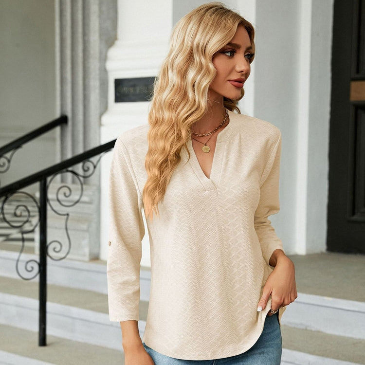 Solid Color Jacquard V-neck Button Three-quarter Sleeve Loose T-shirt Top, Size: L