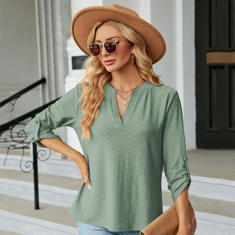 Solid Color Jacquard V-neck Button Three-quarter Sleeve Loose T-shirt Top, Size: L