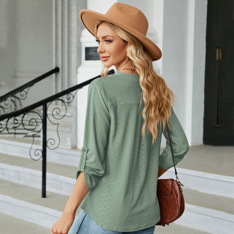 Solid Color Jacquard V-neck Button Three-quarter Sleeve Loose T-shirt Top, Size: L
