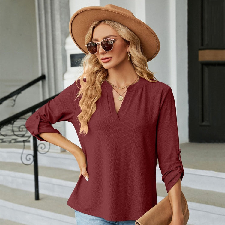 Solid Color Jacquard V-neck Button Three-quarter Sleeve Loose T-shirt Top, Size: XL