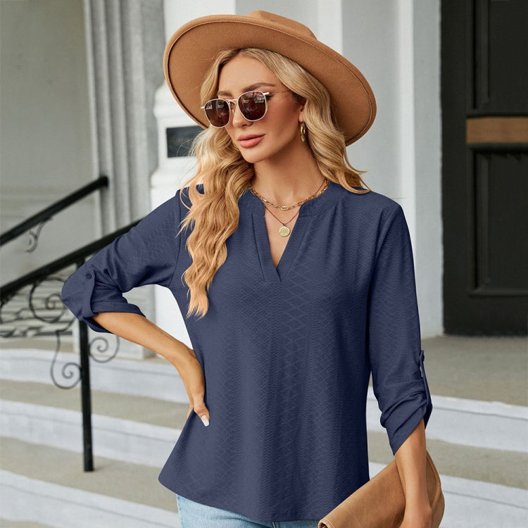 Solid Color Jacquard V-neck Button Three-quarter Sleeve Loose T-shirt Top, Size: XXL