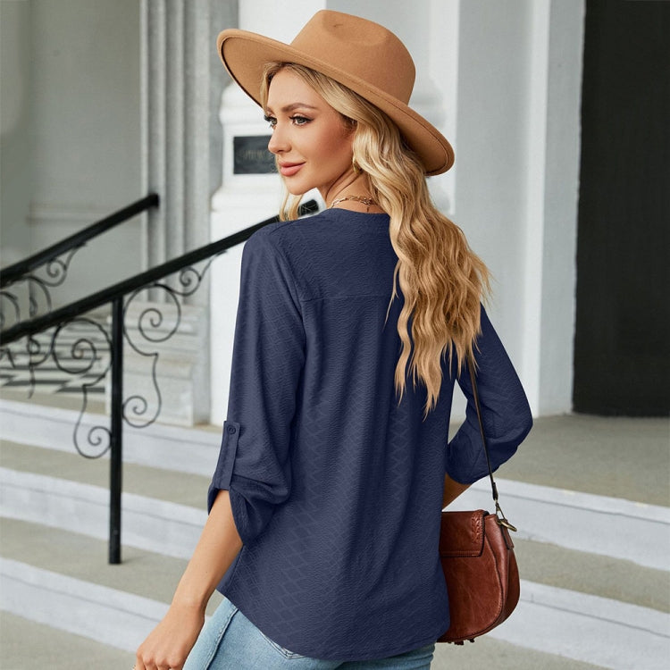Solid Color Jacquard V-neck Button Three-quarter Sleeve Loose T-shirt Top, Size: XXL