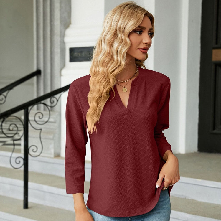 Solid Color Jacquard V-neck Button Three-quarter Sleeve Loose T-shirt Top, Size: XXL