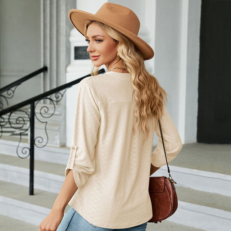 Solid Color Jacquard V-neck Button Three-quarter Sleeve Loose T-shirt Top, Size: XXL