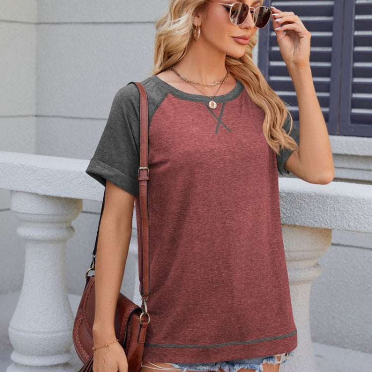 Spring Summer Women Color Block Round Neck Split Loose Short Sleeve Casual T-Shirt, Size: M
