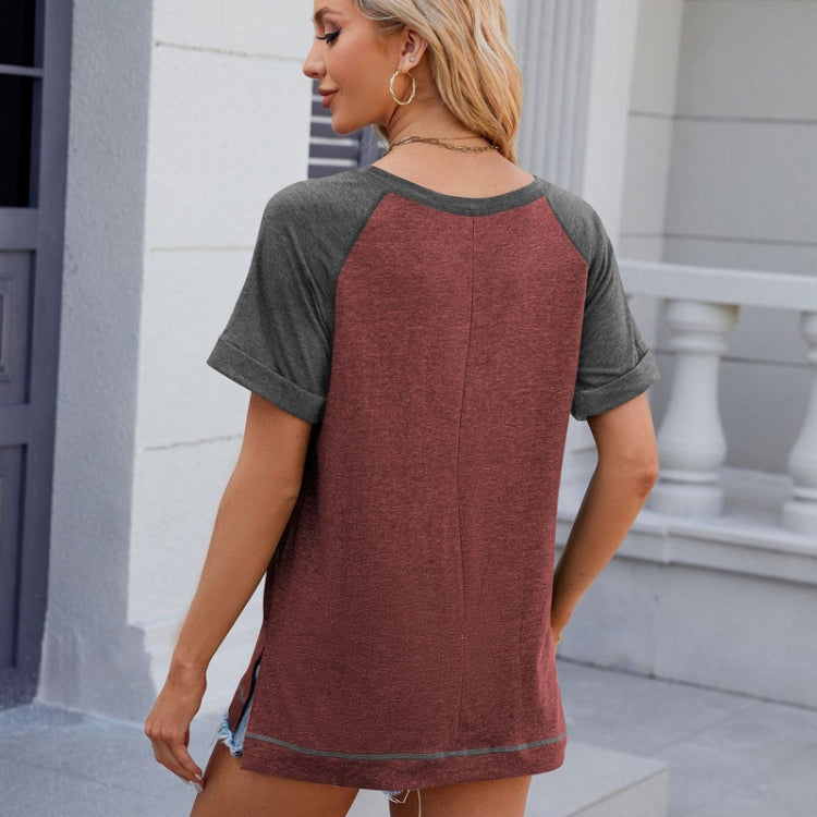 Spring Summer Women Color Block Round Neck Split Loose Short Sleeve Casual T-Shirt, Size: XL