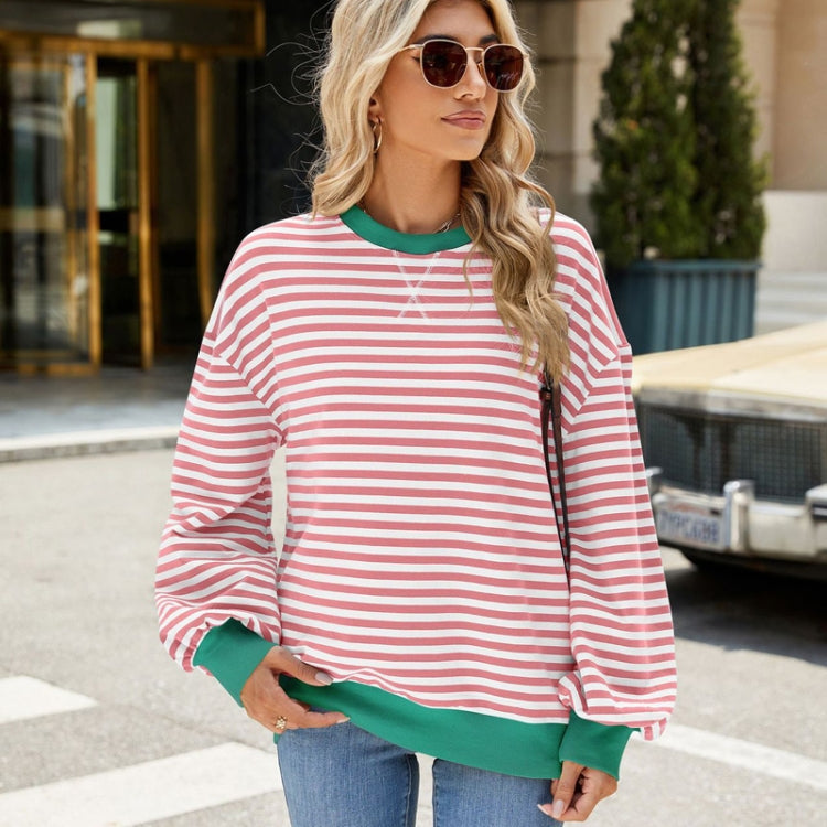 Women Fall Winter Striped Crewneck Color Block Loose Long Sleeve Sweatshirt Jacket, Size: S