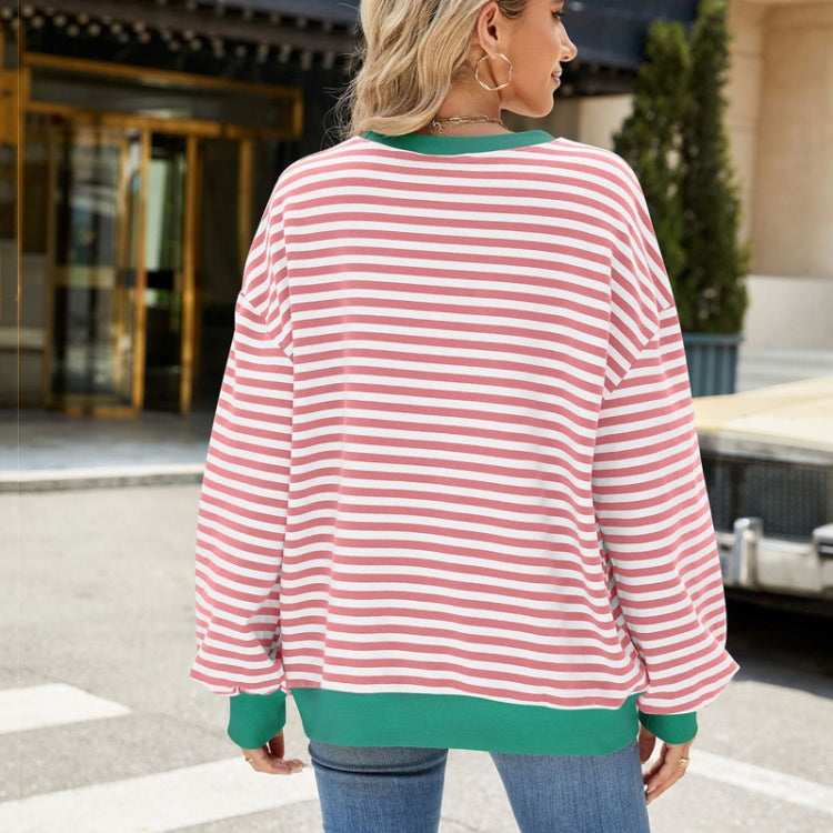 Women Fall Winter Striped Crewneck Color Block Loose Long Sleeve Sweatshirt Jacket, Size: S