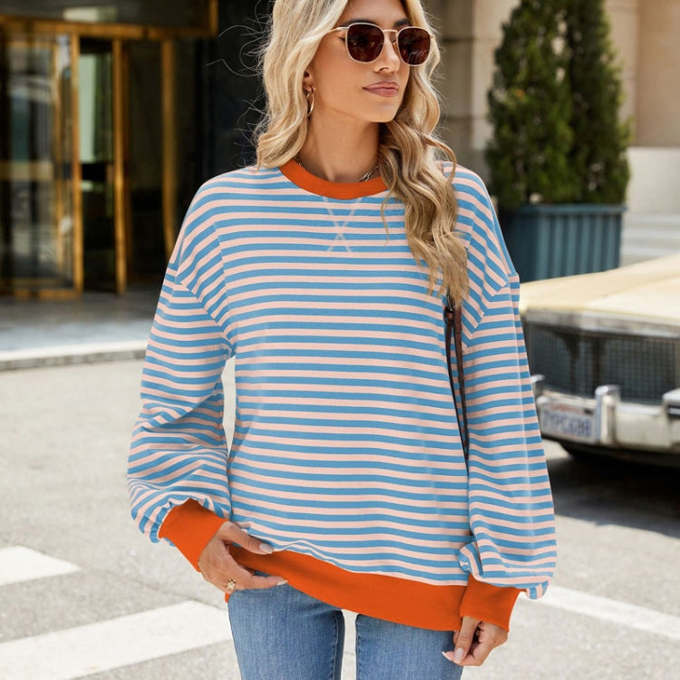 Women Fall Winter Striped Crewneck Color Block Loose Long Sleeve Sweatshirt Jacket, Size: S