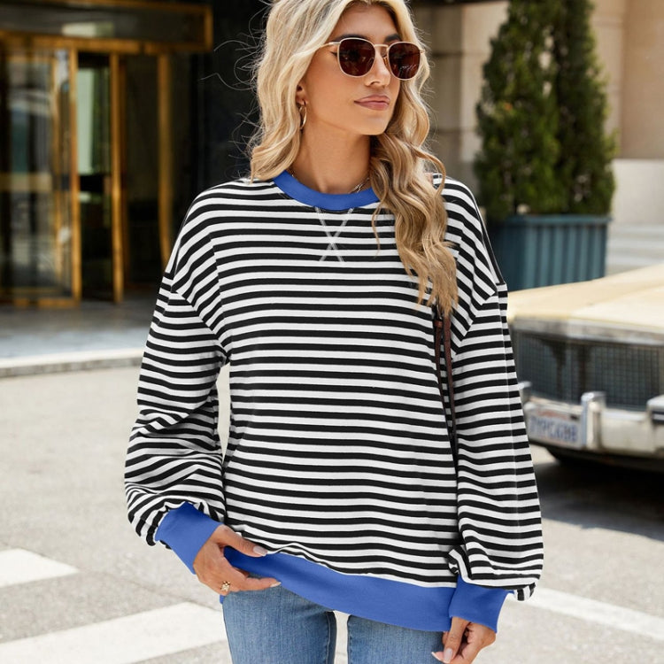 Women Fall Winter Striped Crewneck Color Block Loose Long Sleeve Sweatshirt Jacket, Size: M - Black White