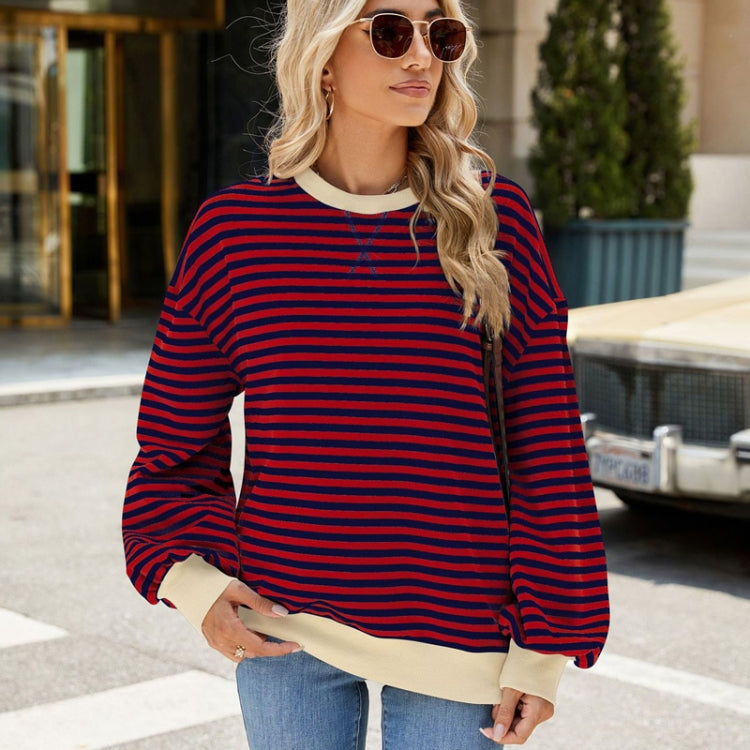 Women Fall Winter Striped Crewneck Color Block Loose Long Sleeve Sweatshirt Jacket, Size: M - Red Blue