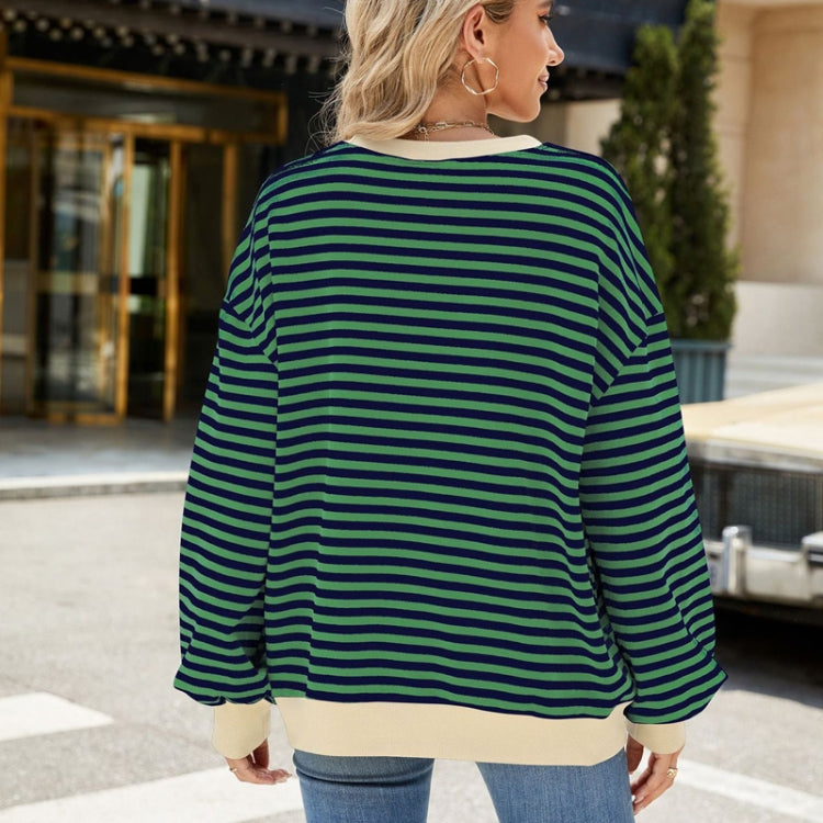 Women Fall Winter Striped Crewneck Color Block Loose Long Sleeve Sweatshirt Jacket, Size: L - Green Blue
