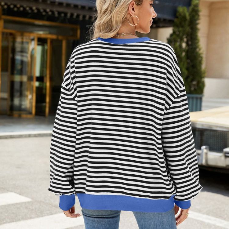 Women Fall Winter Striped Crewneck Color Block Loose Long Sleeve Sweatshirt Jacket, Size: XL - Black White