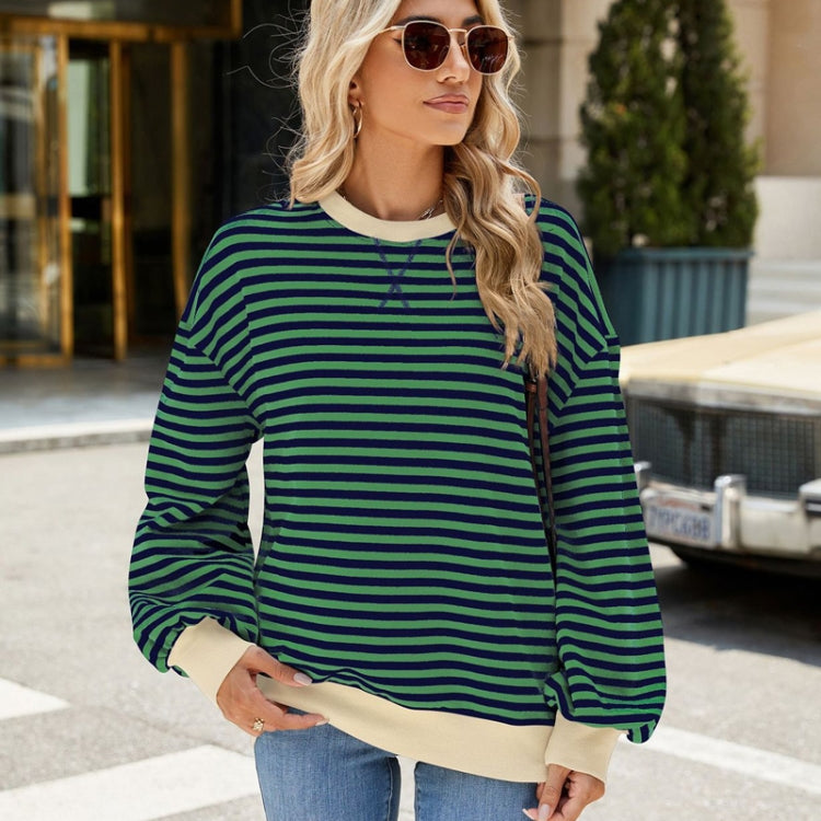 Women Fall Winter Striped Crewneck Color Block Loose Long Sleeve Sweatshirt Jacket, Size: XL - Green Blue