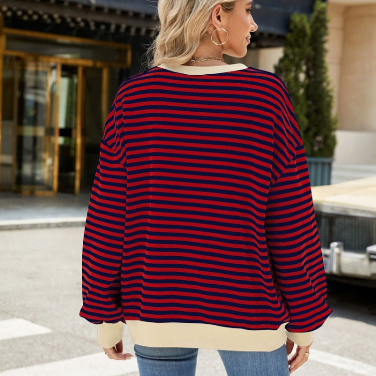 Women Fall Winter Striped Crewneck Color Block Loose Long Sleeve Sweatshirt Jacket, Size: XXL - Red Blue