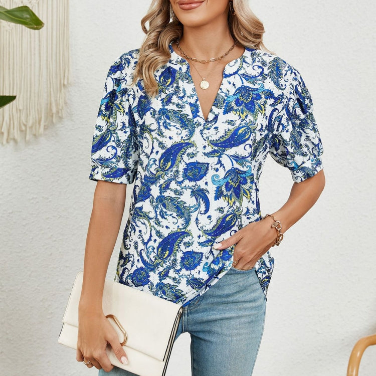 Women V-neck Loose Short-sleeved Printed T-shirt Top, Size: M