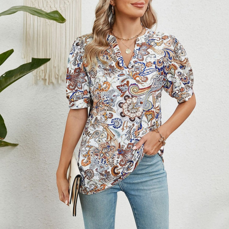 Women V-neck Loose Short-sleeved Printed T-shirt Top, Size: L