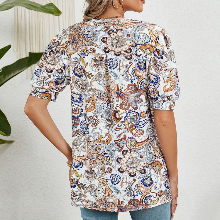 Women V-neck Loose Short-sleeved Printed T-shirt Top, Size: L