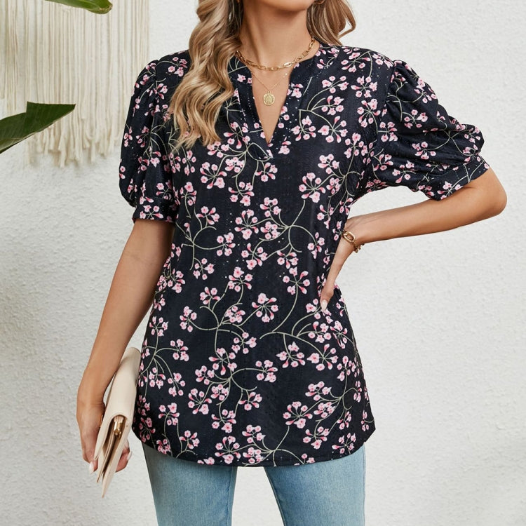 Women V-neck Loose Short-sleeved Printed T-shirt Top, Size: L
