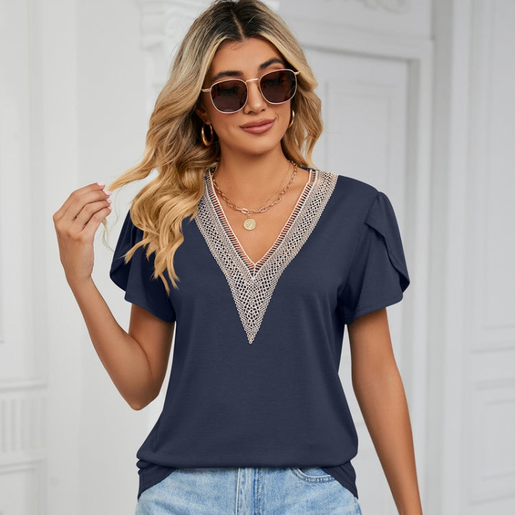 Women Lace V-Neck Short Sleeve Solid Color T-Shirt Top, Size: S