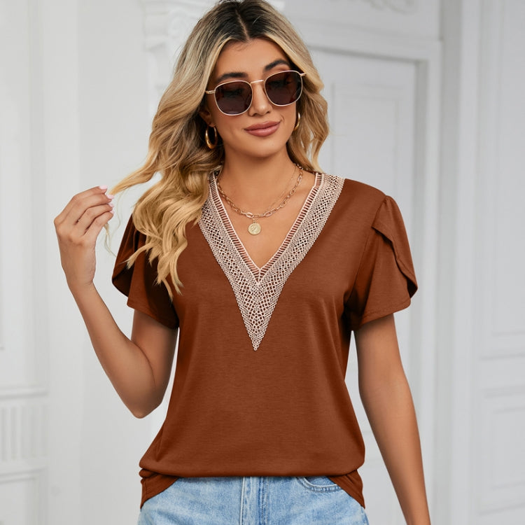 Women Lace V-Neck Short Sleeve Solid Color T-Shirt Top, Size: S