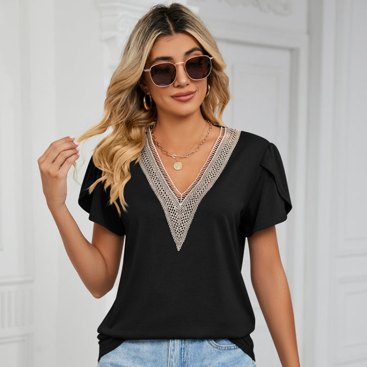 Women Lace V-Neck Short Sleeve Solid Color T-Shirt Top, Size: M