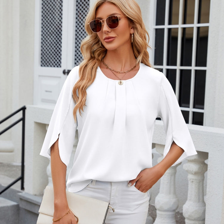 Summer Women Loose Chiffon Blouse Tops Round Neck 5 Points Sleeve Short Sleeve, Size: S