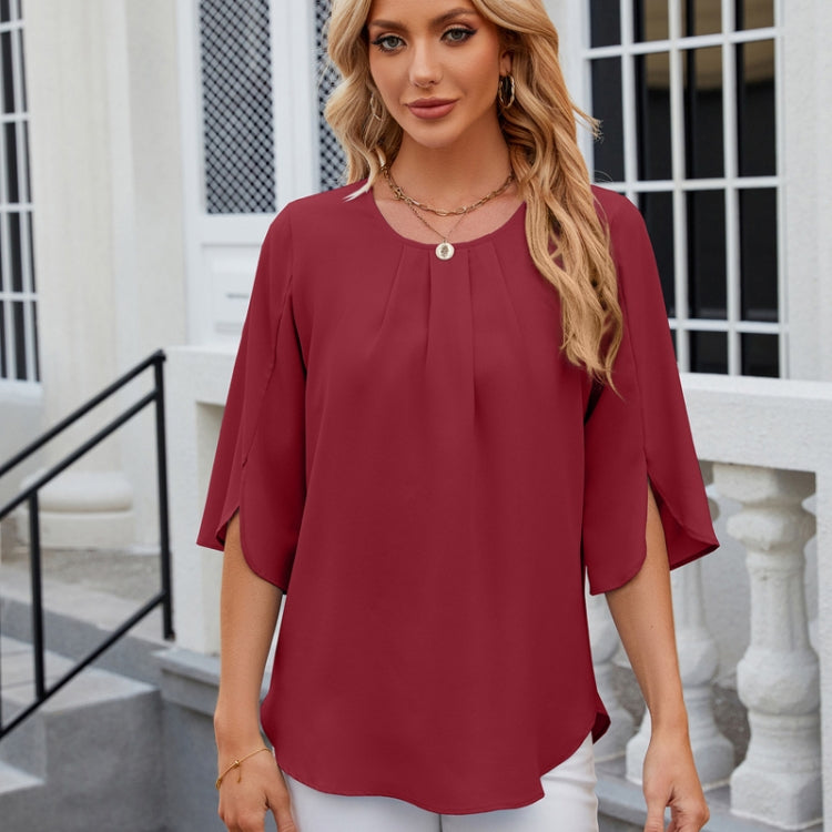 Summer Women Loose Chiffon Blouse Tops Round Neck 5 Points Sleeve Short Sleeve, Size: L