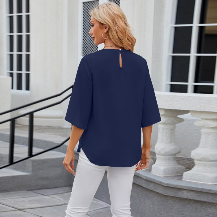 Summer Women Loose Chiffon Blouse Tops Round Neck 5 Points Sleeve Short Sleeve, Size: L