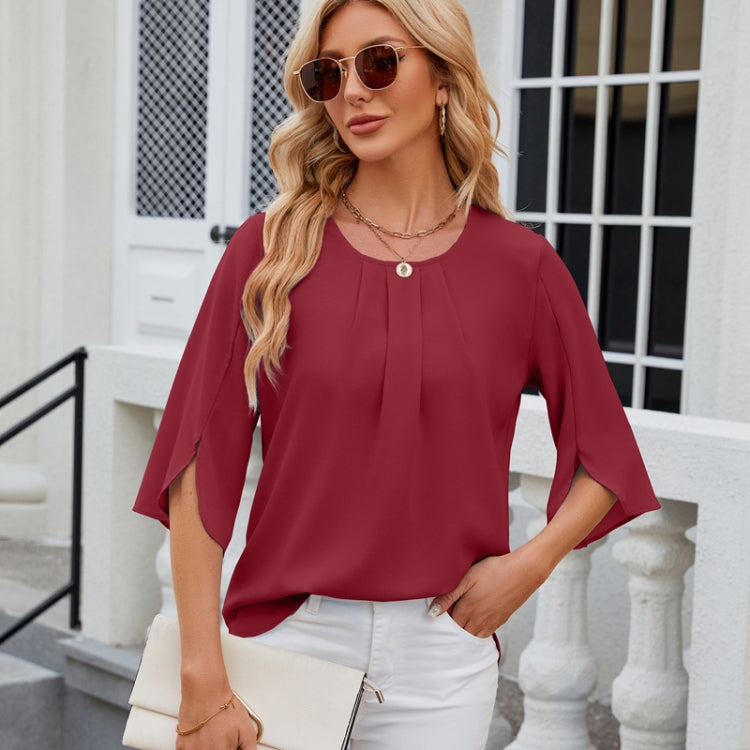 Summer Women Loose Chiffon Blouse Tops Round Neck 5 Points Sleeve Short Sleeve, Size: XL