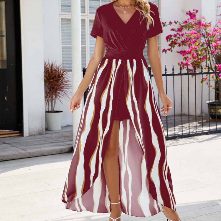 Solid Color V-neck Short-sleeved Waist Jumpsuit Dress, Size: M