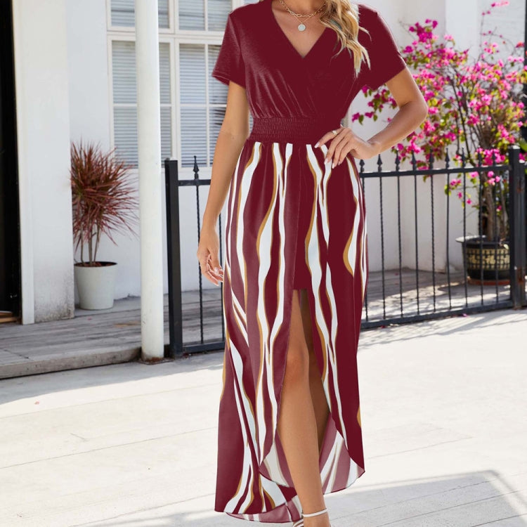 Solid Color V-neck Short-sleeved Waist Jumpsuit Dress, Size: XL