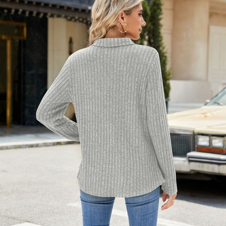 Women Long Sleeve Solid Color Collared Shirt, Casual Loose Fit Top with Pockets for Autumn and Winter, Size: L