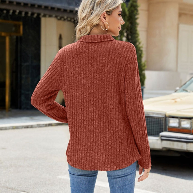 Women Long Sleeve Solid Color Collared Shirt, Casual Loose Fit Top with Pockets for Autumn and Winter, Size: L