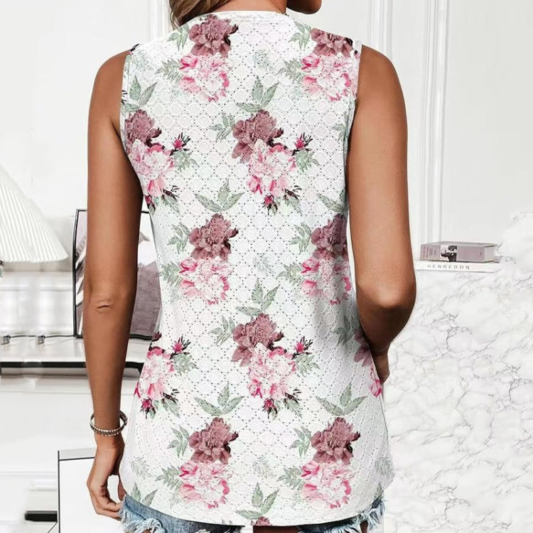 Women Spring Summer Round Neck Printed Vest T-Shirt Top, Size: L