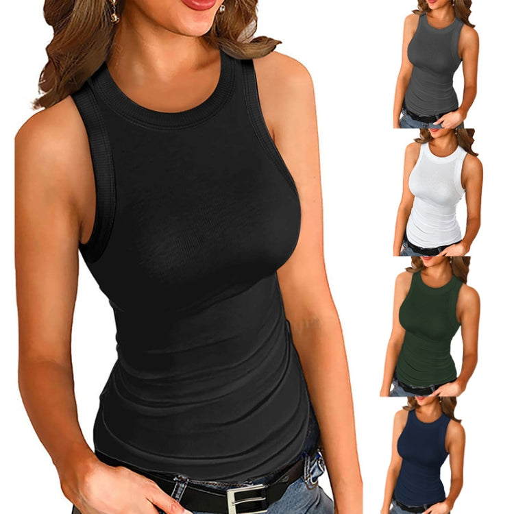 Women Summer Knitted Vest Outer Wear Solid Color Round Neck Slim Undershirt, Size: M