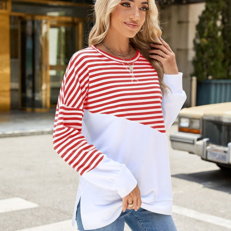 Women Casual Loose Fit Colorblock Striped Long Sleeve Sweatshirt Crew Neck Pullover Top for Fall Winter, Size: S - Red and White