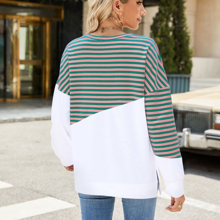 Women Casual Loose Fit Colorblock Striped Long Sleeve Sweatshirt Crew Neck Pullover Top for Fall Winter, Size: M - Green and Pink