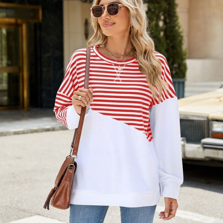 Women Casual Loose Fit Colorblock Striped Long Sleeve Sweatshirt Crew Neck Pullover Top for Fall Winter, Size: L - Red and White
