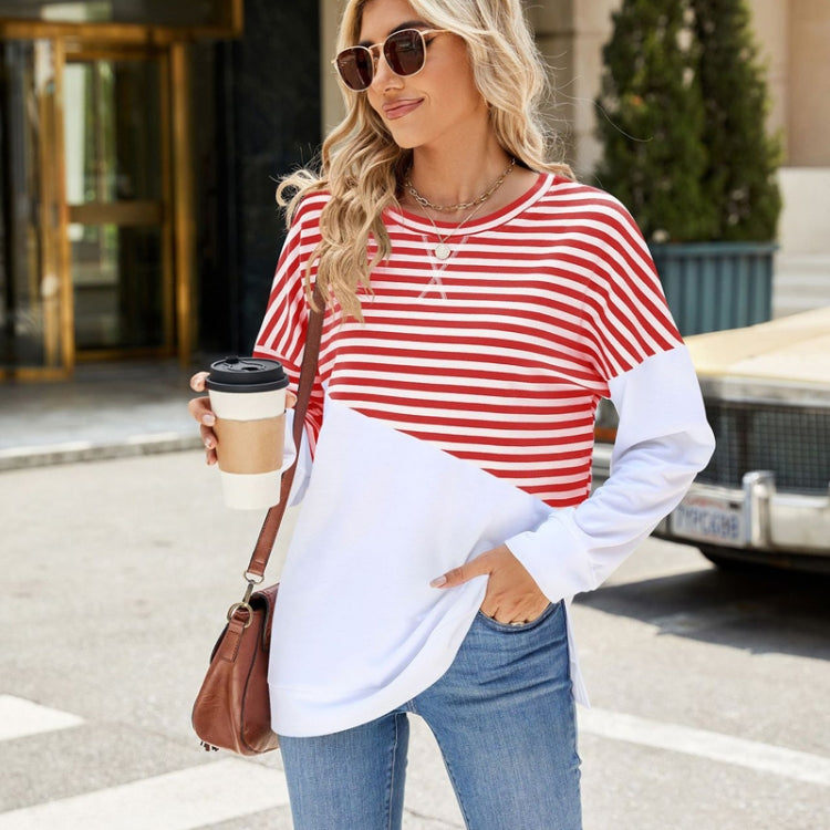 Women Casual Loose Fit Colorblock Striped Long Sleeve Sweatshirt Crew Neck Pullover Top for Fall Winter, Size: XL - Red and White