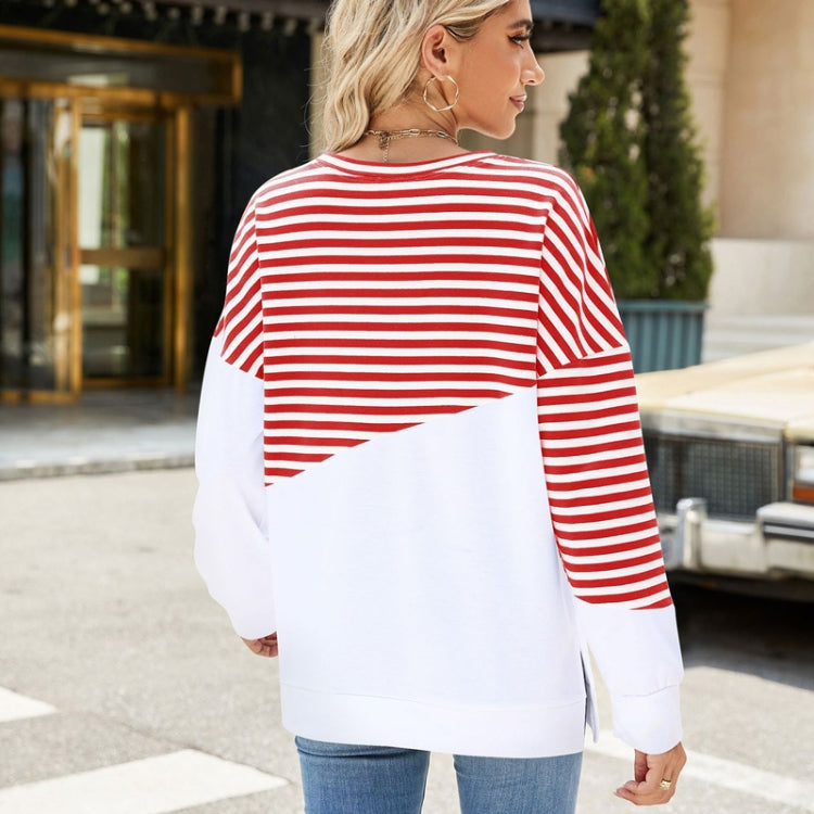 Women Casual Loose Fit Colorblock Striped Long Sleeve Sweatshirt Crew Neck Pullover Top for Fall Winter, Size: XXL - Red and White
