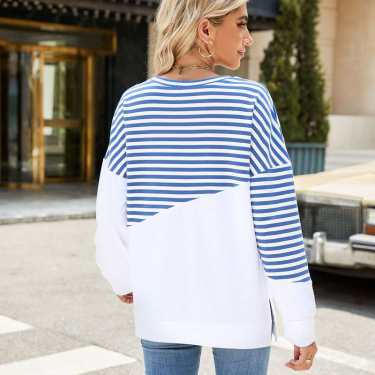 Women Casual Loose Fit Colorblock Striped Long Sleeve Sweatshirt Crew Neck Pullover Top for Fall Winter, Size: XXL - Blue and White
