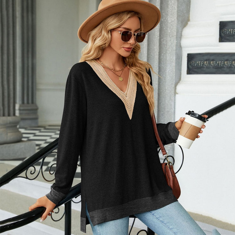 Autumn Winter Hollow Lace V-neck Color-blocked Split Loose Long-sleeved T-shirt, Size: S