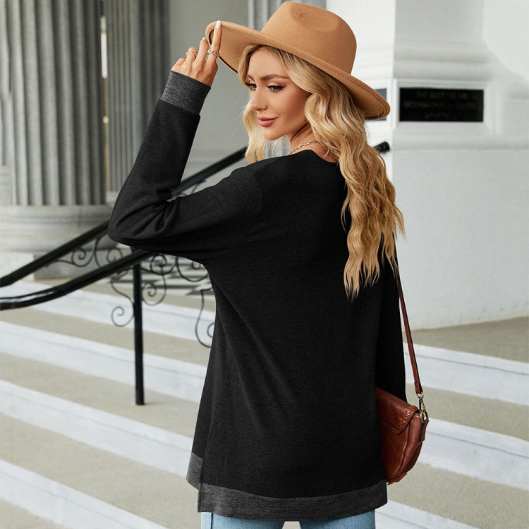 Autumn Winter Hollow Lace V-neck Color-blocked Split Loose Long-sleeved T-shirt, Size: S