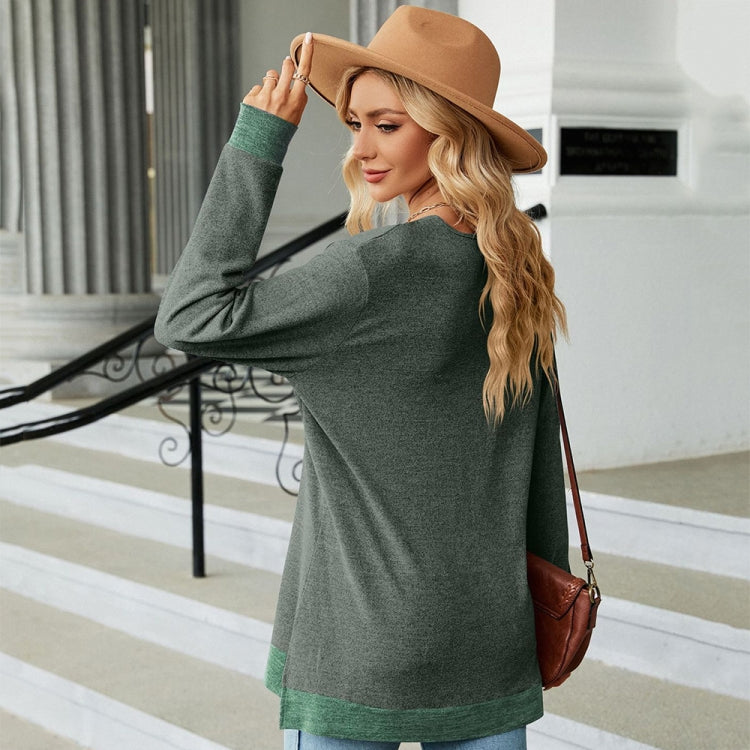Autumn Winter Hollow Lace V-neck Color-blocked Split Loose Long-sleeved T-shirt, Size: S