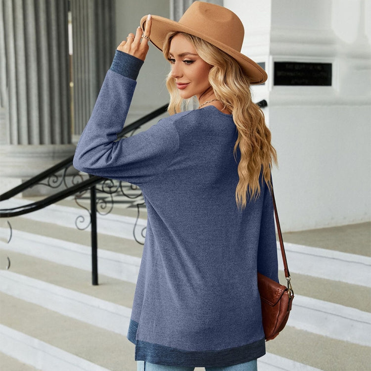 Autumn Winter Hollow Lace V-neck Color-blocked Split Loose Long-sleeved T-shirt, Size: M