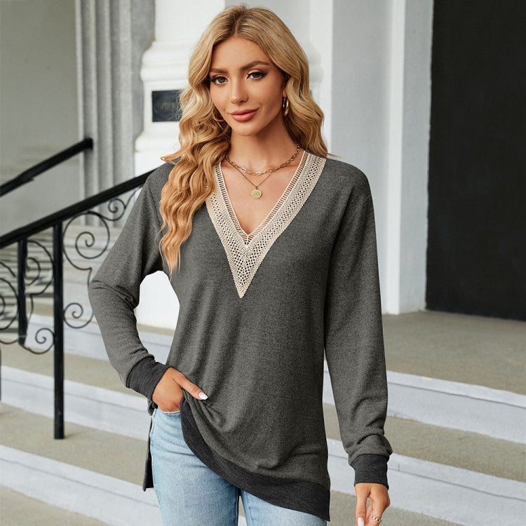 Autumn Winter Hollow Lace V-neck Color-blocked Split Loose Long-sleeved T-shirt, Size: M