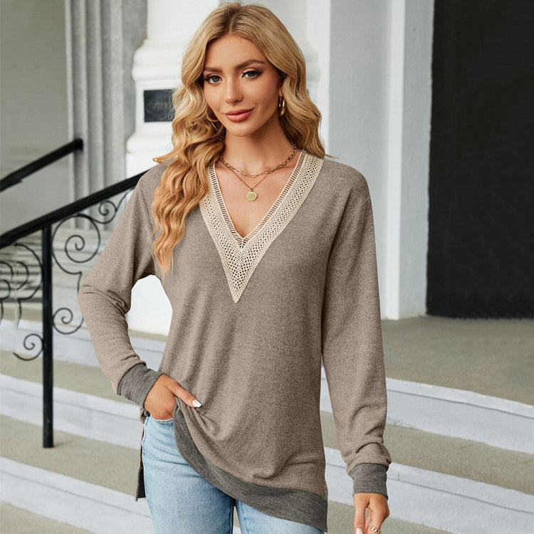 Autumn Winter Hollow Lace V-neck Color-blocked Split Loose Long-sleeved T-shirt, Size: M