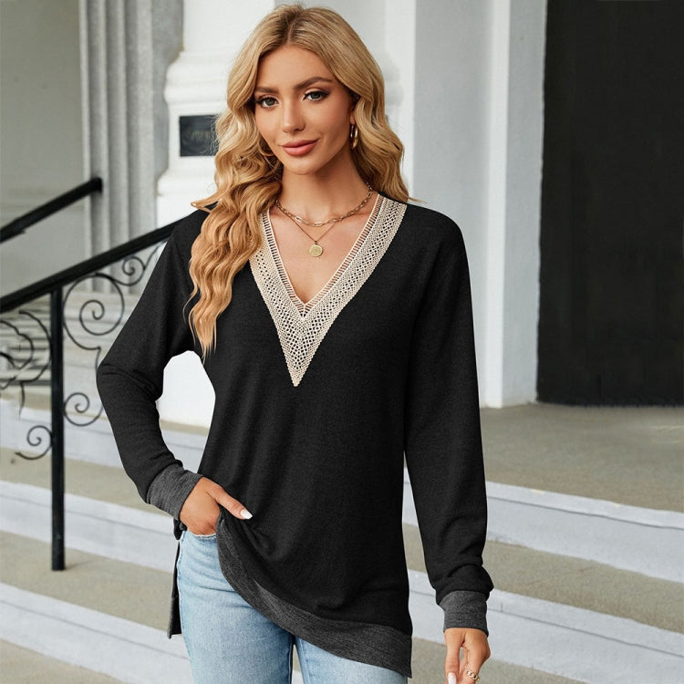 Autumn Winter Hollow Lace V-neck Color-blocked Split Loose Long-sleeved T-shirt, Size: XL